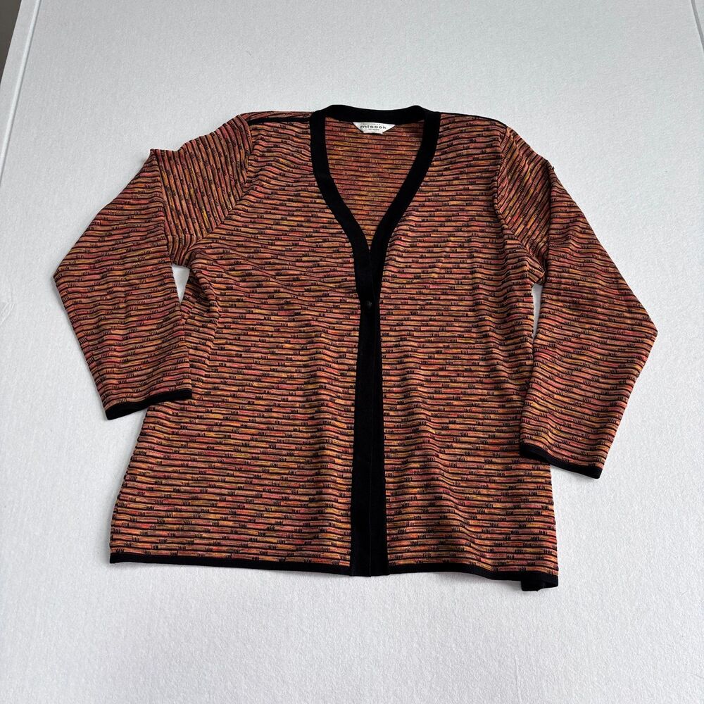 Misook Cardigan Sweater Women 1X Orange Black Long Sleeve One Button Knit Mature